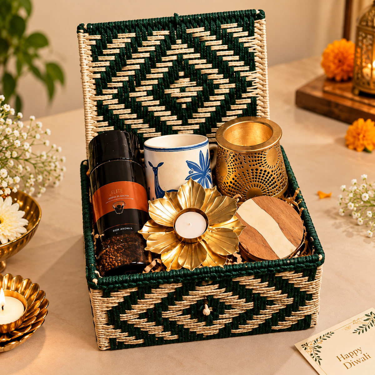 Premium Diwali Coffee & Wellness Gift Hamper – Coffee, Diyas & Oil Diffuser