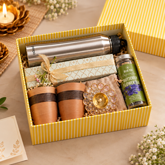 Premium Diwali Gift Hamper – Golden Bottle, Flower Tea & Chocolates