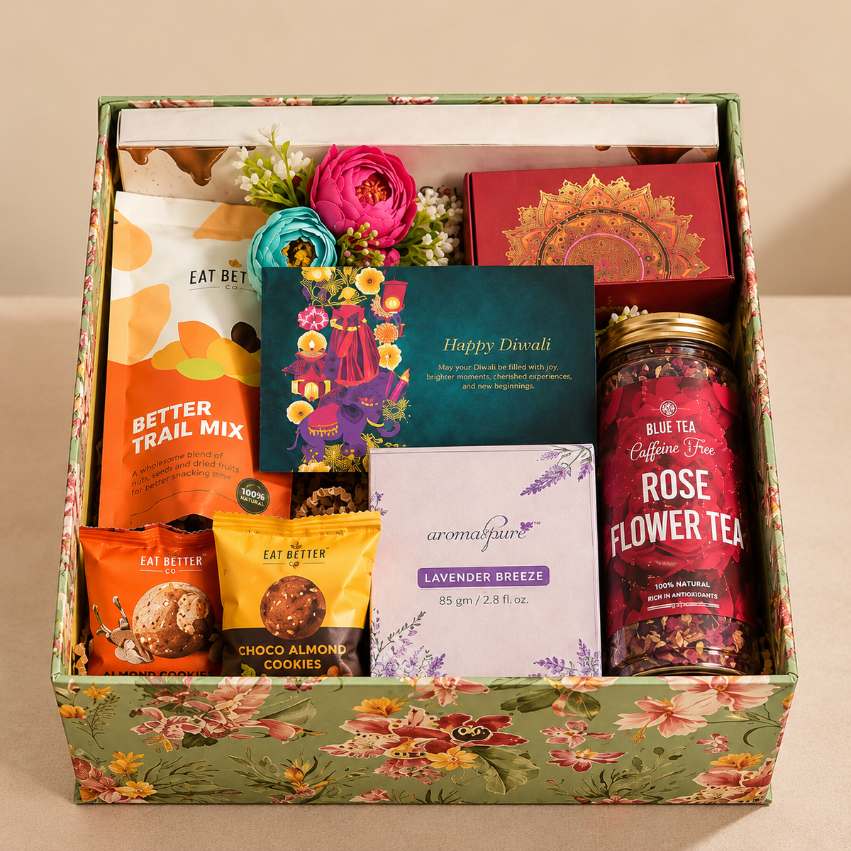 Premium Diwali Festive Gift Hamper – Trail Mix, Laddoos, Rose Flower Tea & Diyas